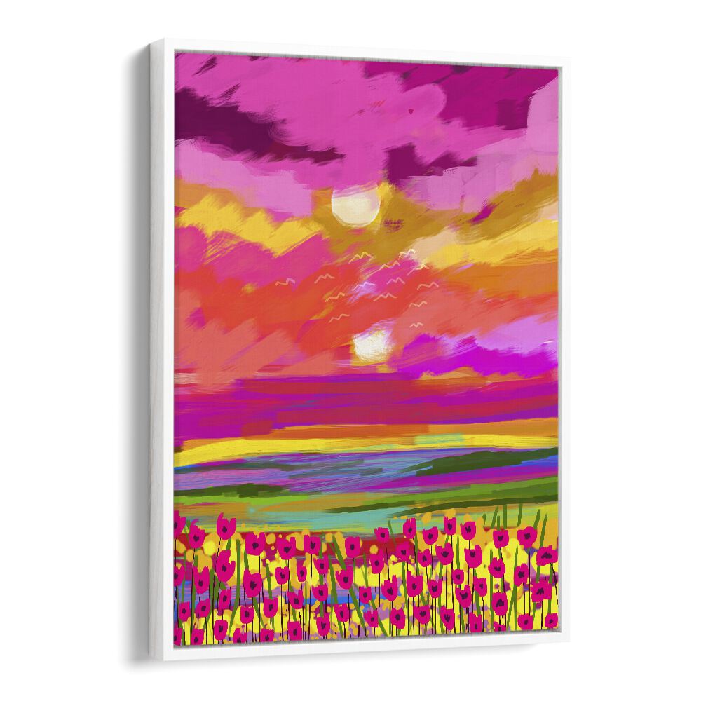 Vibrant TWO SUNS, LANDSCAPE PAINTINGS by Uma Gokhale showcasing a colorful sunset over a blooming field.