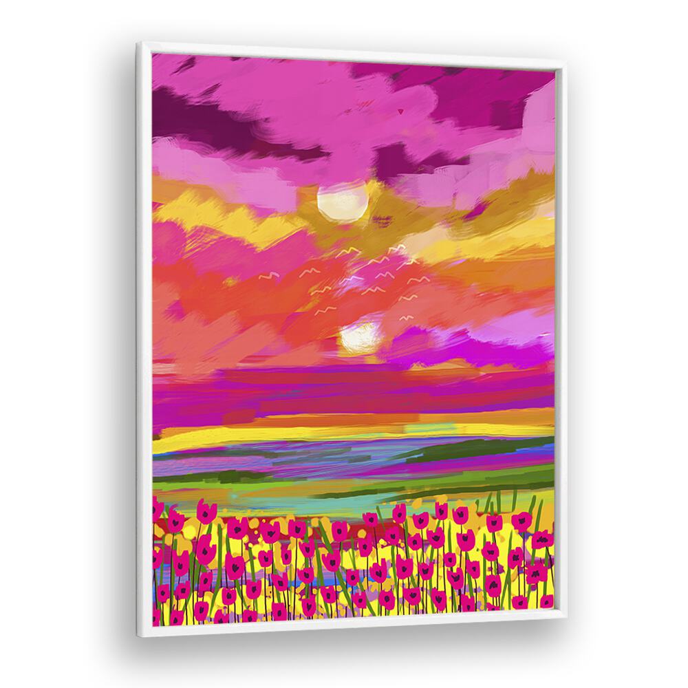 Vibrant TWO SUNS, LANDSCAPE PAINTINGS by Uma Gokhale showcase a stunning sunset over colorful flowers.