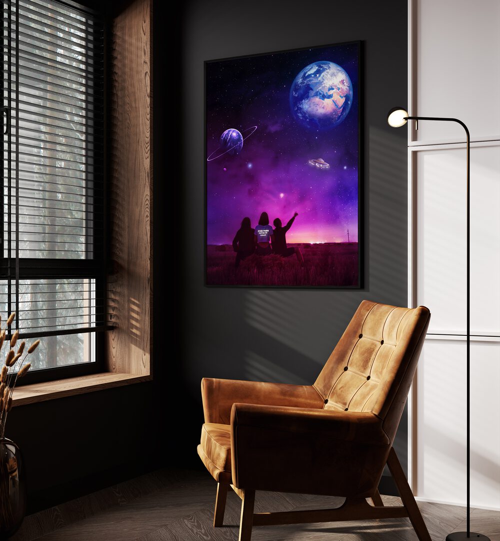 UFO, SURREAL ART PRINTS by Ritvik Takkar featuring a cosmic scene with planets and figures in a dreamlike landscape.