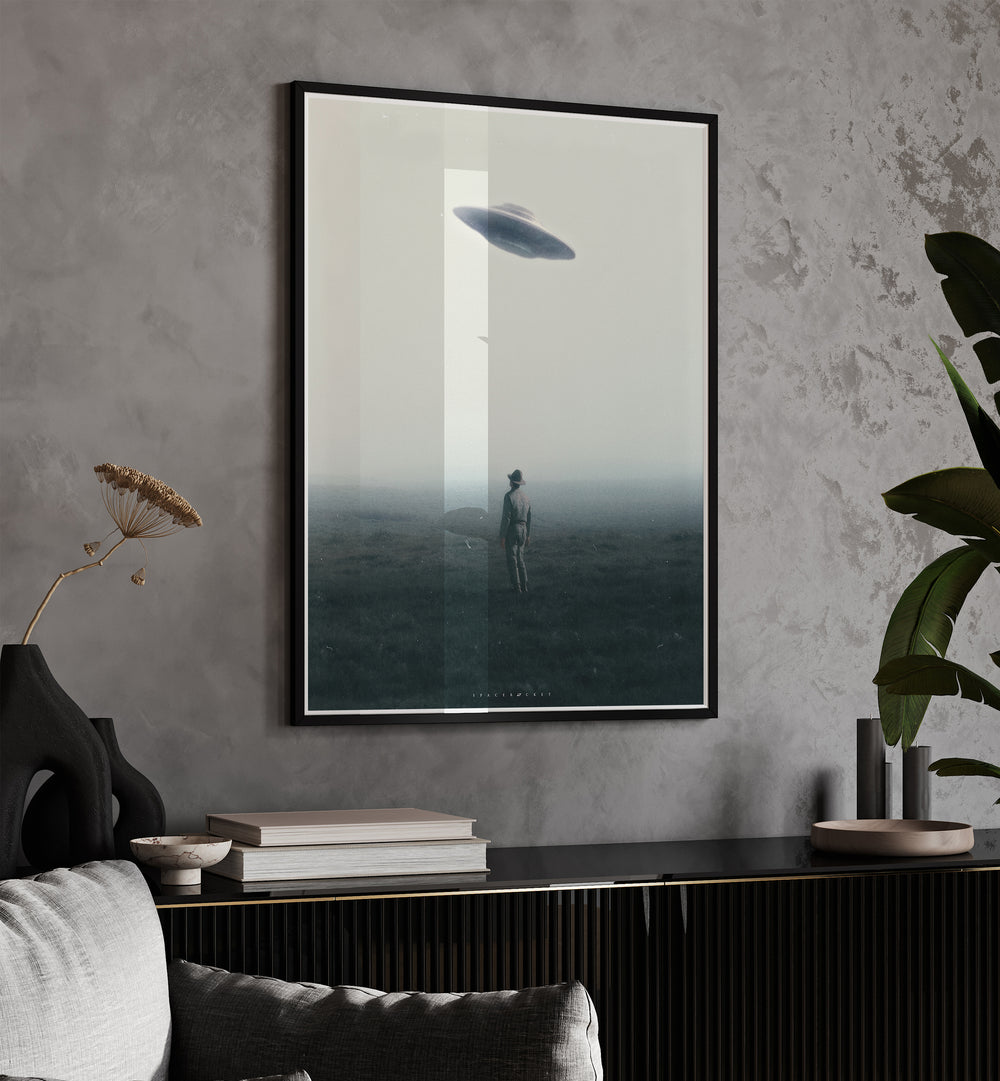 Surreal art print "UFO IN DAYLIGHT" by Space Rocket Art adds a mesmerizing touch to any decor.