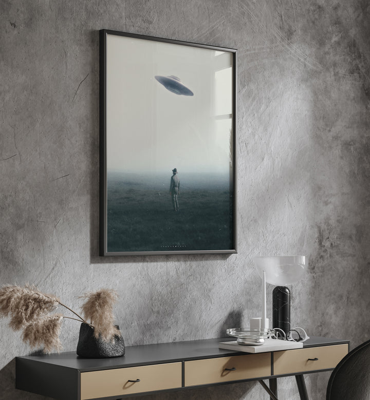 Surreal art print "UFO IN DAYLIGHT" by Space Rocket Art, capturing an alien encounter in a breathtaking scene.
