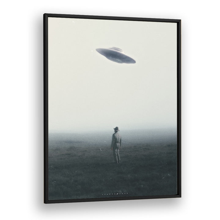 UFO IN DAYLIGHT, SURREAL ART PRINTS by Space Rocket Art captures a mysterious encounter in a surreal landscape.