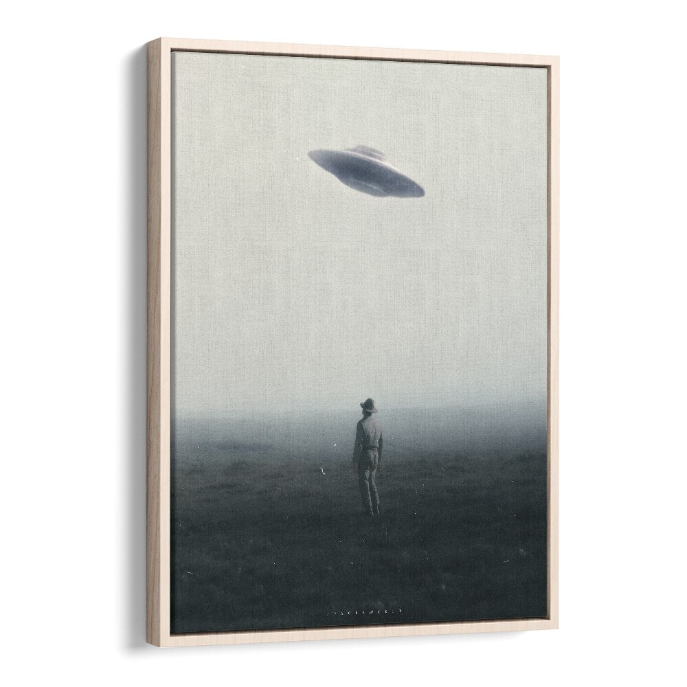 Surreal art print "UFO IN DAYLIGHT" by Space Rocket Art, featuring an alien craft and a figure in a misty landscape.