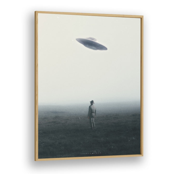 Surreal art print "UFO IN DAYLIGHT" by Space Rocket Art captures a mysterious encounter in an atmospheric landscape.