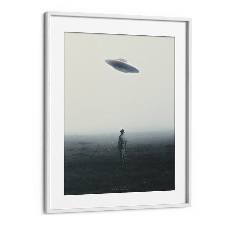 Surreal art print "UFO IN DAYLIGHT" by Space Rocket Art depicts a UFO in a misty landscape, perfect for unique decor.