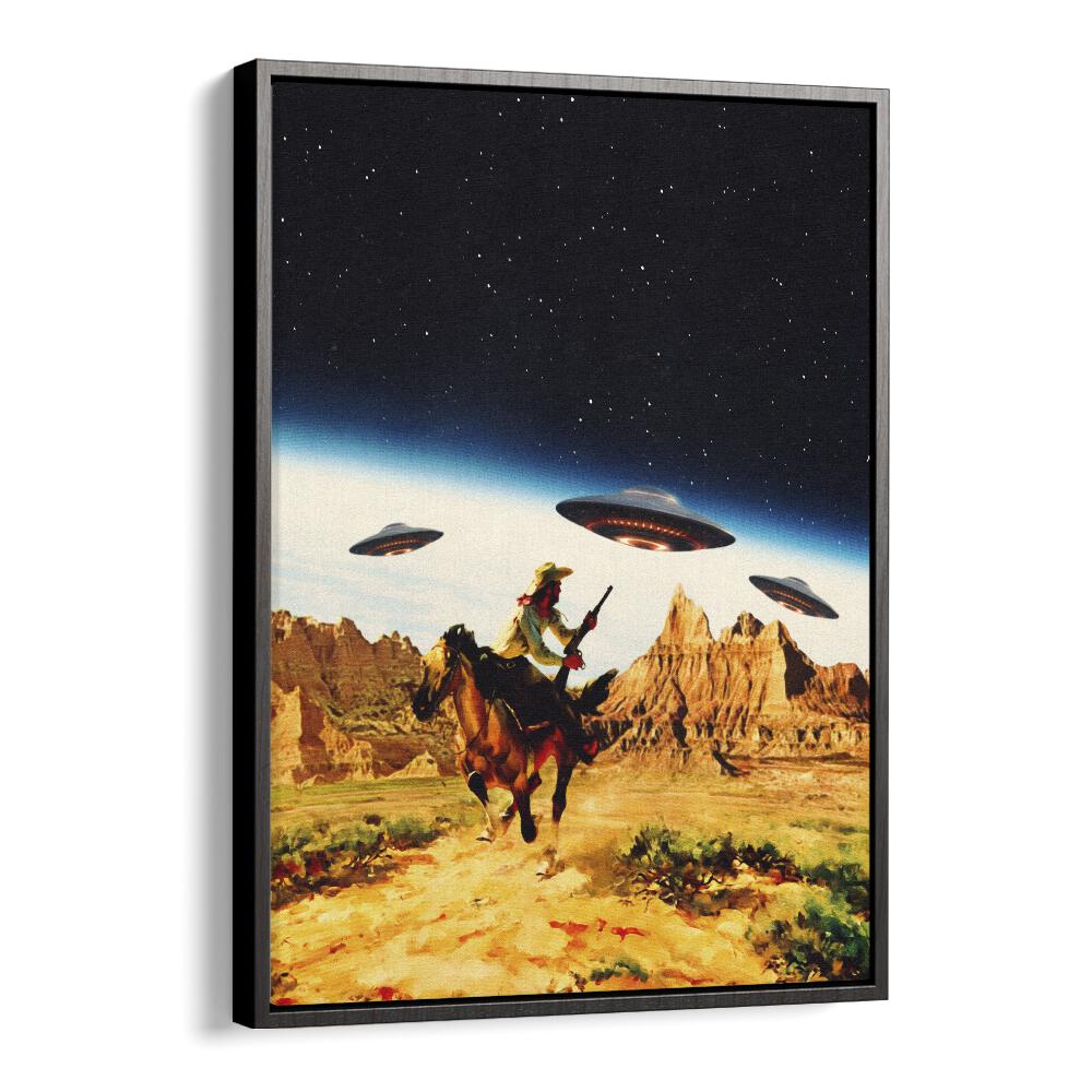 Surreal art print featuring UFOs and a cowboy, perfect for modern decor. Explore UFO SPACE, SURREAL ART PRINTS by Taudalpoi.