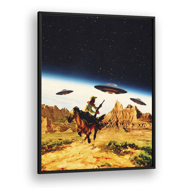 UFO SPACE, SURREAL ART PRINTS featuring a cowboy amidst UFOs, perfect for modern decor by Taudalpoi.