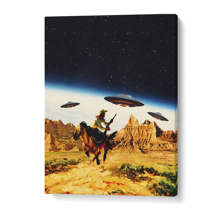 Surreal artwork featuring a cowboy and UFOs, perfect for modern decor—UFO SPACE, SURREAL ART PRINTS by Taudalpoi.
