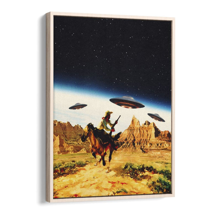 Surreal art print featuring UFOs and a cowboy, perfect for enhancing your space with UFO SPACE, SURREAL ART PRINTS.