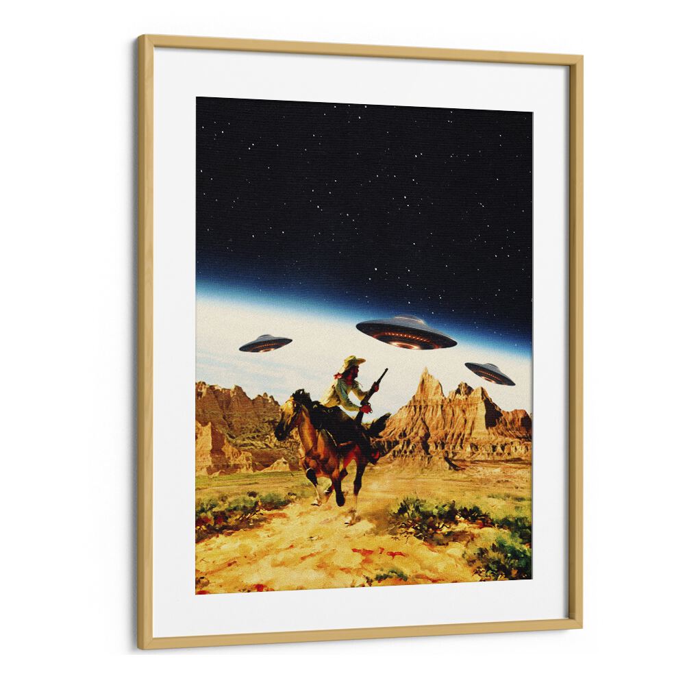 Surreal art prints featuring UFOs and a cowboy, perfect for elevating your space with UFO SPACE, SURREAL ART PRINTS.