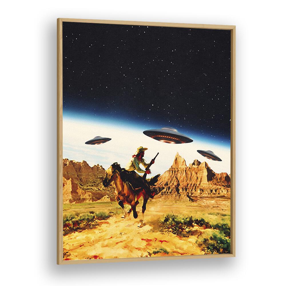 UFO SPACE, SURREAL ART PRINTS featuring a cowboy riding through a desert under UFOs, framed in oak wood by Taudalpoi.