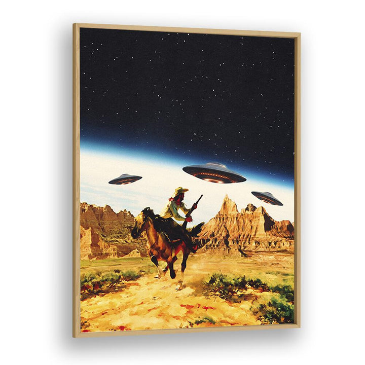 UFO SPACE, SURREAL ART PRINTS featuring a cowboy riding through a desert under UFOs, framed in oak wood by Taudalpoi.
