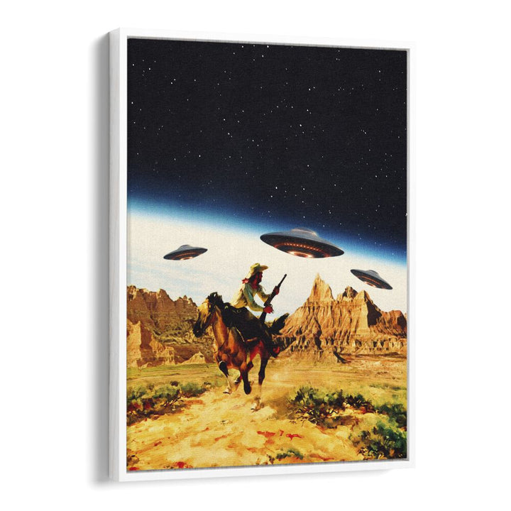UFO SPACE, SURREAL ART PRINTS showcase a cowboy riding with UFOs in a vibrant, surreal landscape by Taudalpoi.