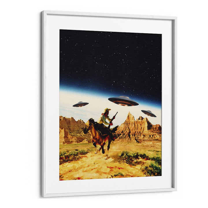 UFO SPACE, SURREAL ART PRINTS showcase a whimsical cowboy under UFOs, enhancing your space with Taudalpoi's artistry.