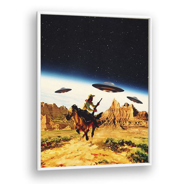 Surreal art print featuring UFOs and a cowboy, perfect for enhancing your space with UFO SPACE, SURREAL ART PRINTS.