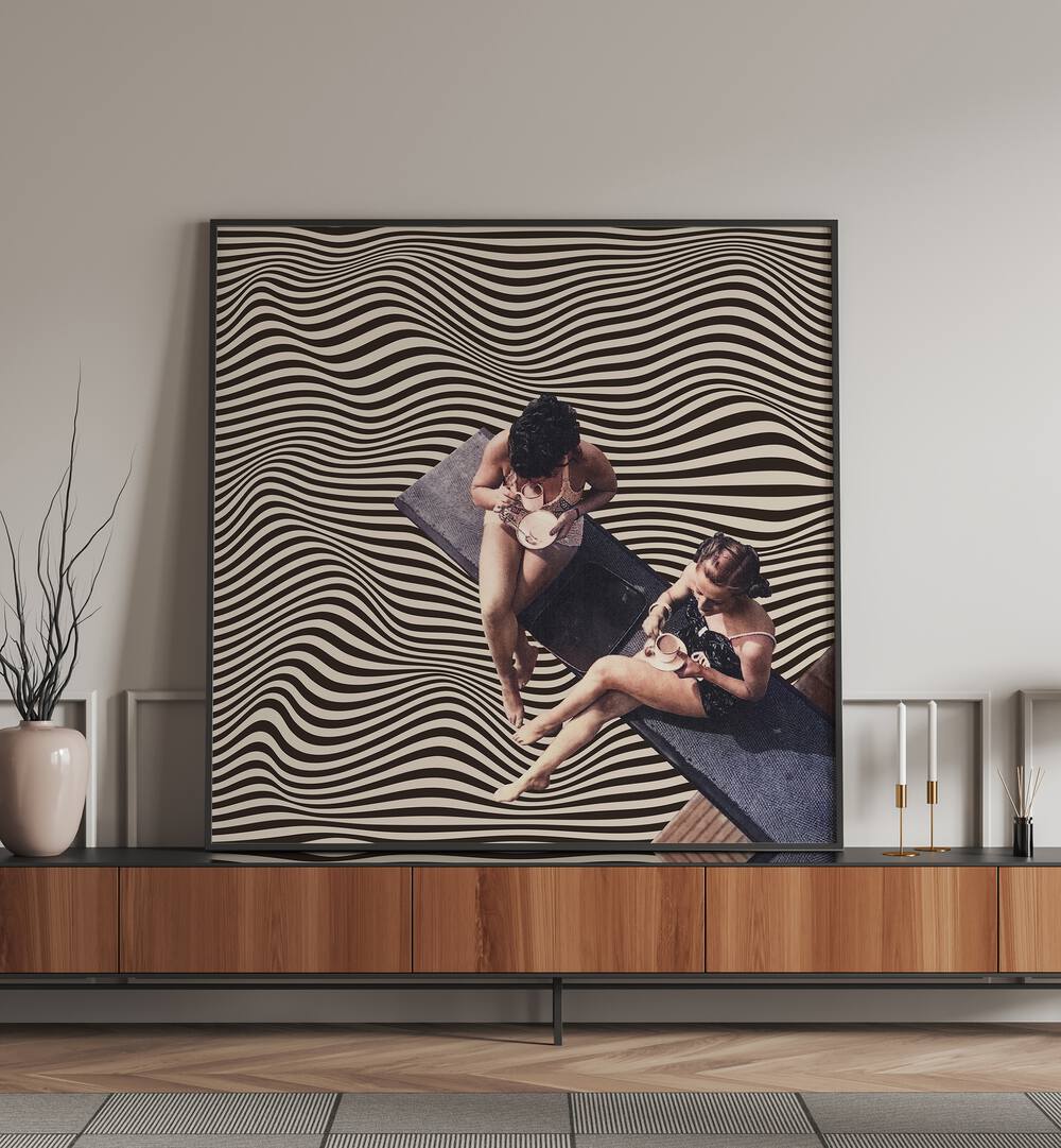 Elevate your space with UNIVERSAL BFF, SURREAL ART PRINTS, featuring a captivating coffee chat artwork.