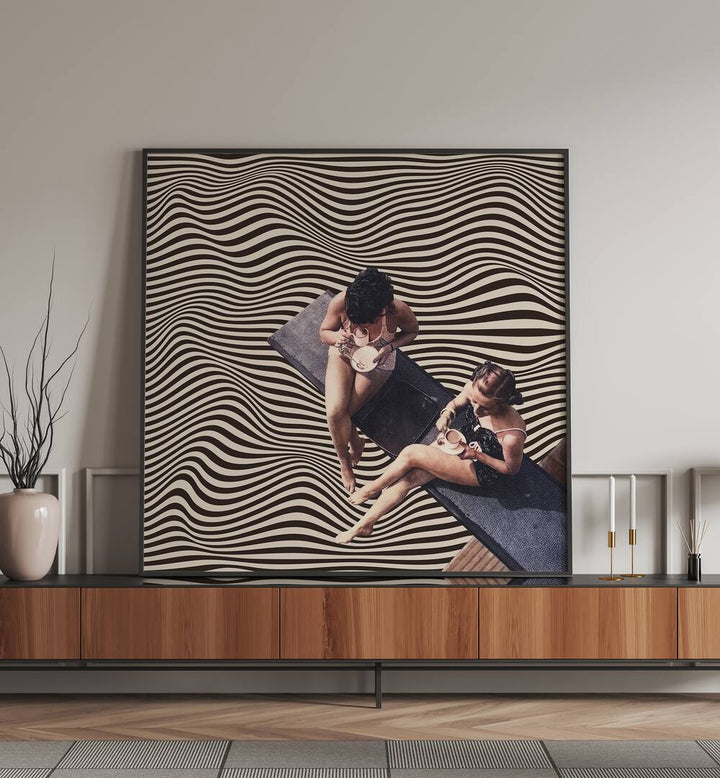 Elevate your space with UNIVERSAL BFF, SURREAL ART PRINTS, featuring a captivating coffee chat artwork.