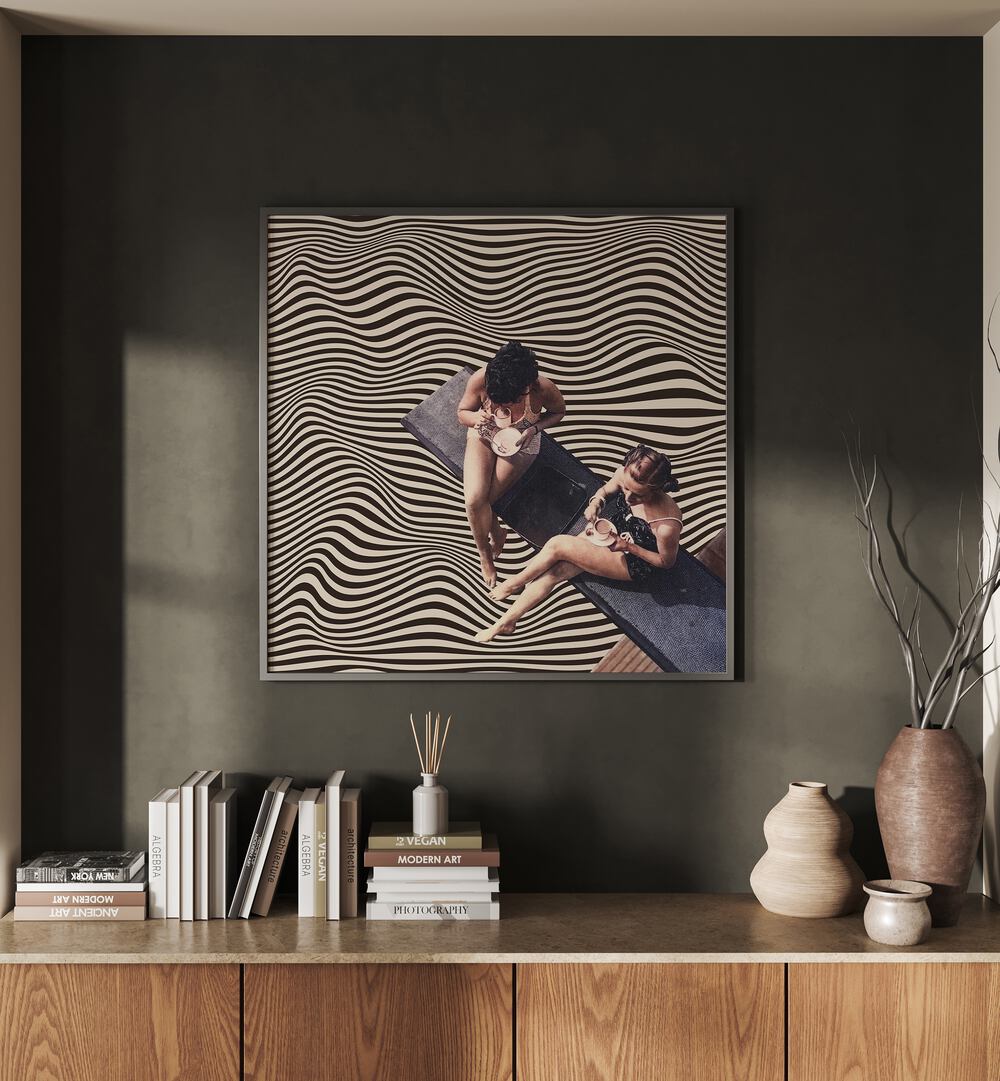 Elevate your space with the UNIVERSAL BFF, SURREAL ART PRINTS featuring a unique coffee chat scene by Vertigo Artography.