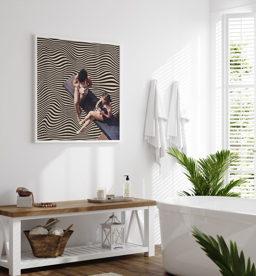 Stylish bathroom featuring the UNIVERSAL BFF, SURREAL ART PRINTS - Vertigo Coffee Chat by Vertigo Artography.