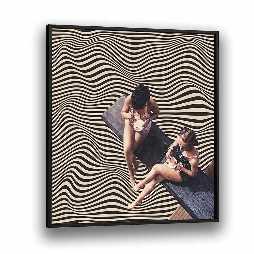 Stylish UNIVERSAL BFF, SURREAL ART PRINTS featuring two women enjoying coffee against a swirling background.