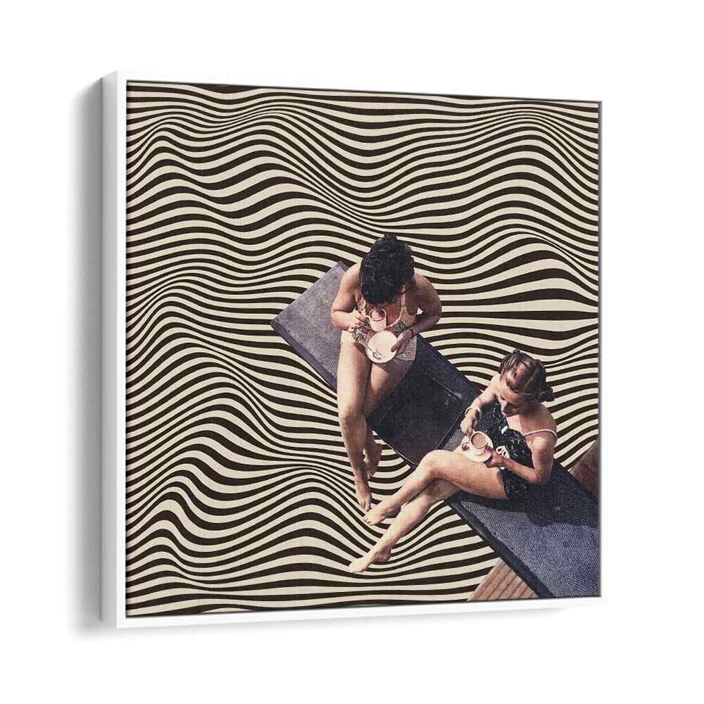Surreal art prints featuring two women enjoying coffee on a wavy background, highlighting UNIVERSAL BFF by Vertigo Artography.