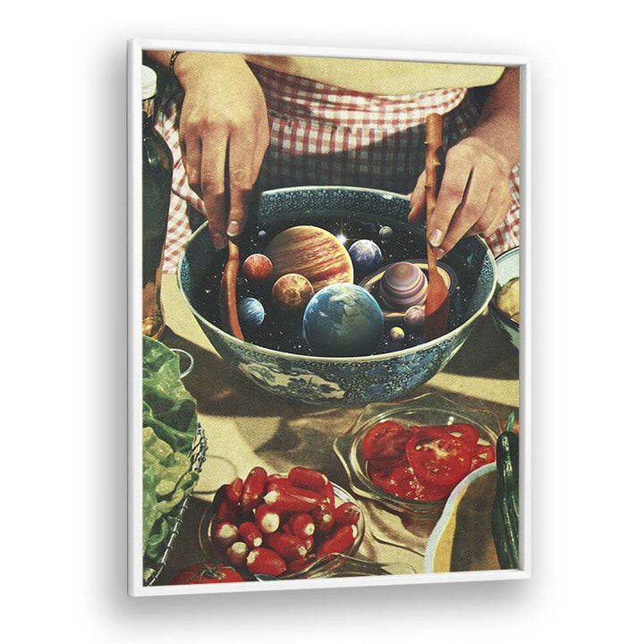 "UNIVERSAL TOSS, SURREAL ART PRINTS blends cosmic elements with culinary themes, enhancing your space by Vertigo Artography."