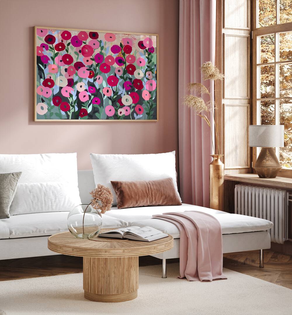 Bright and vibrant UNTAMED BLOSSOMS, FLORAL FLOWER PAINTINGS enhancing modern home decor with a touch of nature.