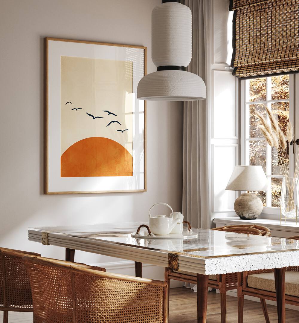 Minimalist "Up and Away, Landscape Paintings" art print featuring a vibrant orange sun, perfect for modern home decor.