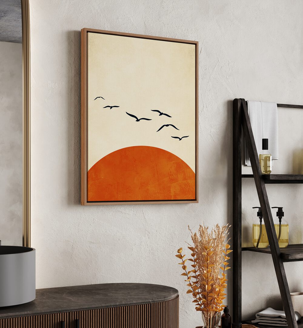 Minimalist UP AND AWAY, LANDSCAPE PAINTINGS art print featuring a vibrant sunset and flying birds, perfect for home decor.