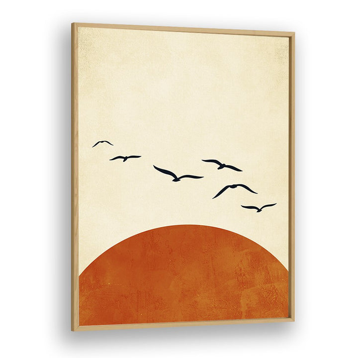 Minimalist "Up and Away" landscape paintings featuring birds and warm hues, perfect for modern home decor.