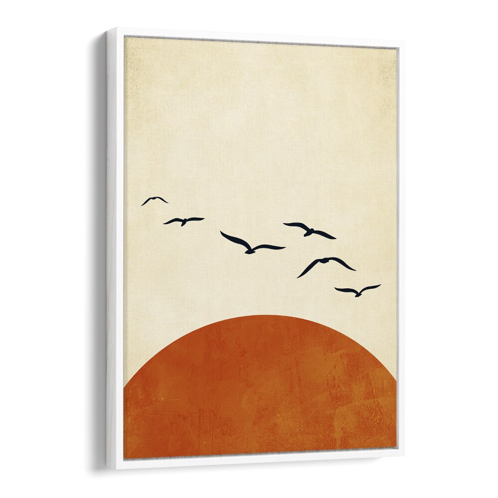 Minimalist "Up and Away" landscape paintings with birds flying over a warm sunset, perfect for modern home decor.