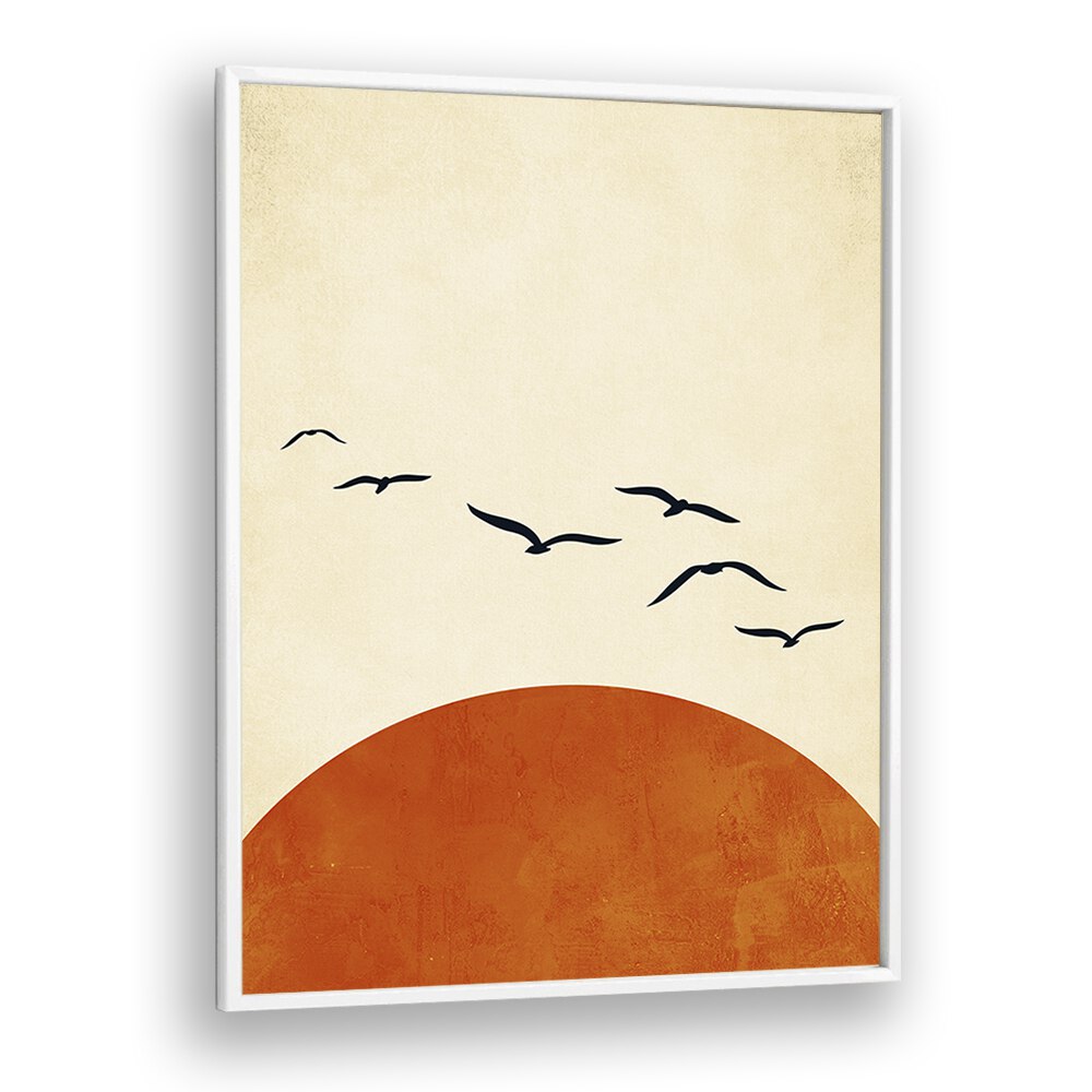 Minimalist "Up and Away, Landscape Paintings" art print with birds and warm tones, perfect for modern home decor.