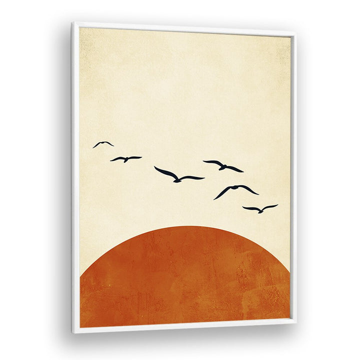 Minimalist "Up and Away, Landscape Paintings" art print with birds and warm tones, perfect for modern home decor.