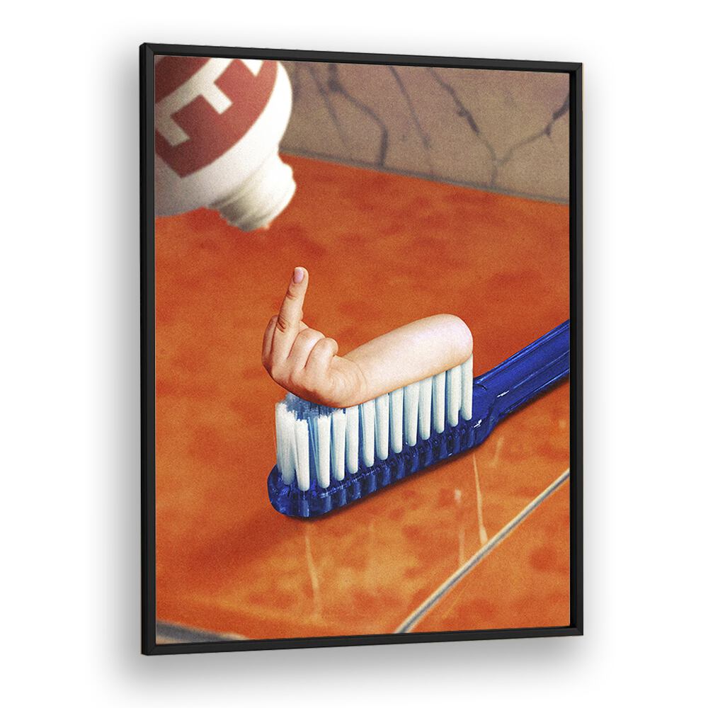 Surreal art print "UP YOUR MOUTH" by Vertigo Artography features a whimsical hand on a toothbrush. Transform your space!