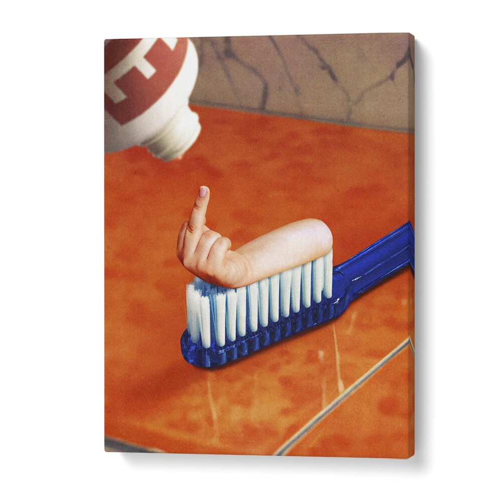 Surreal art print "UP YOUR MOUTH" by Vertigo Artography, featuring a unique hand on a toothbrush design.