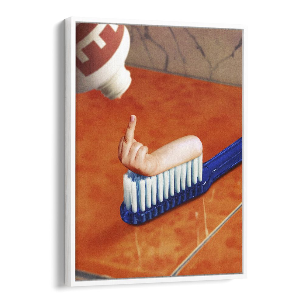 Surreal art print "UP YOUR MOUTH" by Vertigo Artography features a whimsical toothbrush design, perfect for unique decor.