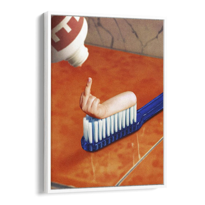 Surreal art print "UP YOUR MOUTH" by Vertigo Artography features a whimsical toothbrush design, perfect for unique decor.