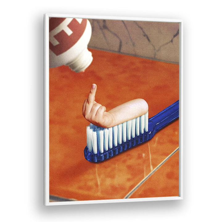 Surreal art print "UP YOUR MOUTH" by Vertigo Artography, featuring a whimsical hand on a toothbrush.