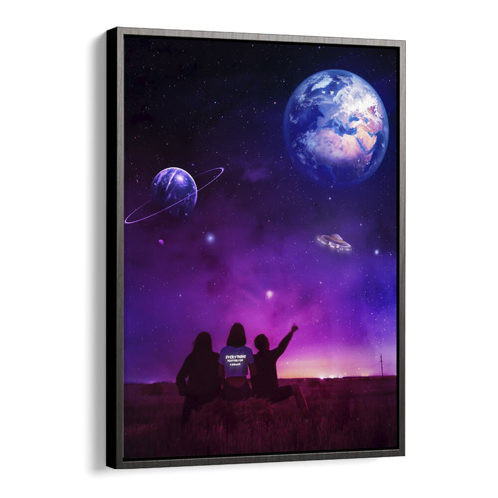 Stargazers admire a UFO in a vibrant cosmic scene, showcasing UFO, SURREAL ART PRINTS by Ritvik Takkar.