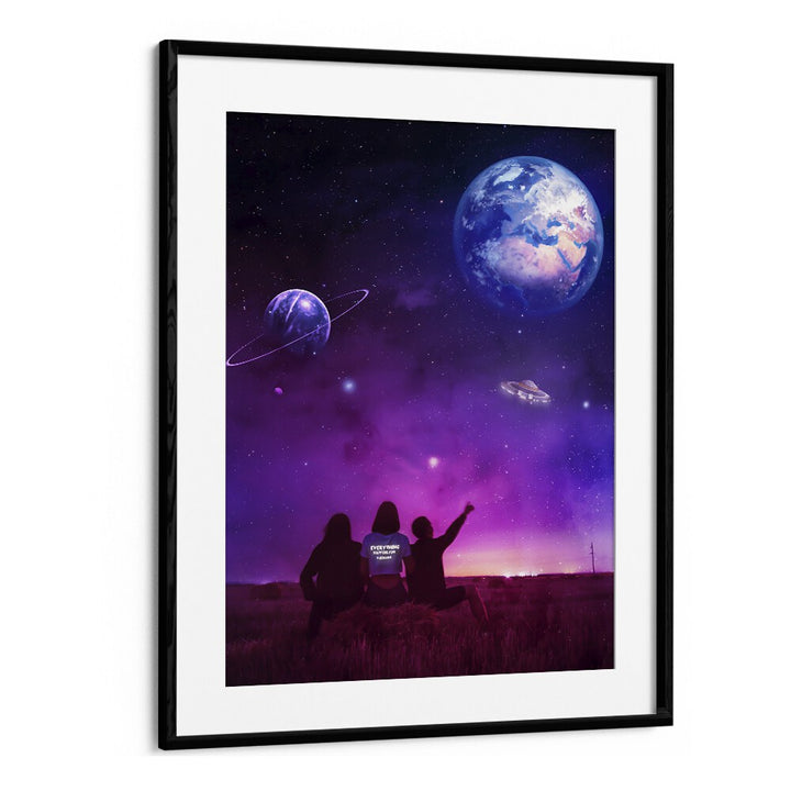 Stargazing children admire a UFO in vibrant colors, showcasing UFO, SURREAL ART PRINTS by Ritvik Takkar.