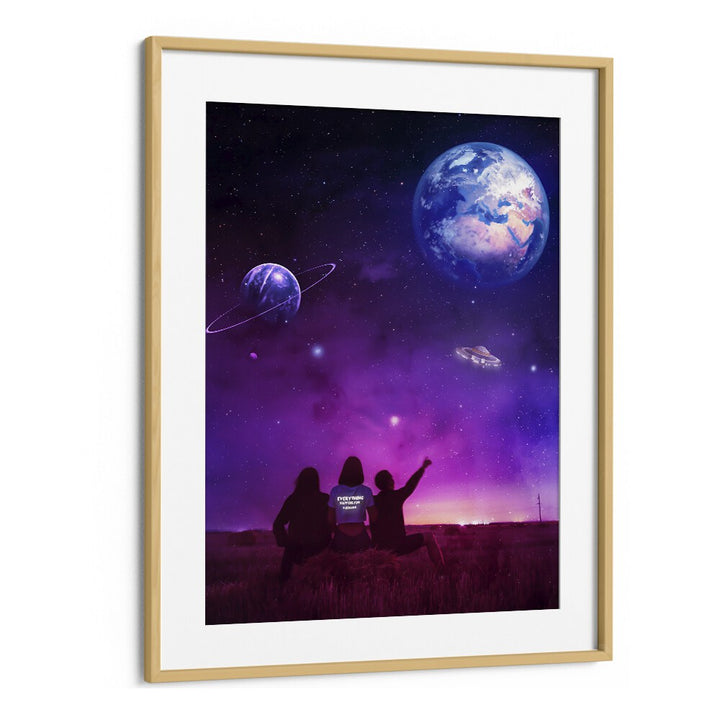 UFO, SURREAL ART PRINTS by Ritvik Takkar featuring a cosmic scene with planets and a UFO in vibrant colors.