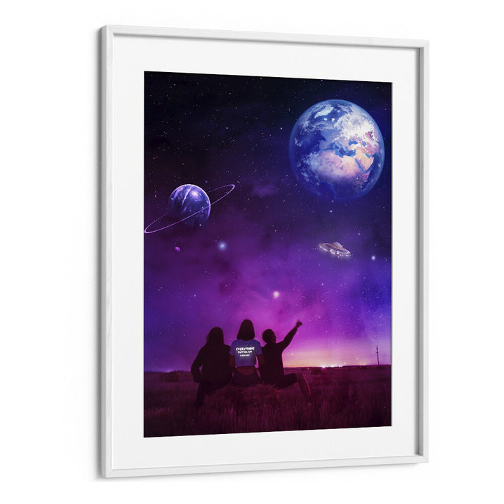 Explore the cosmos with UFO, SURREAL ART PRINTS by Ritvik Takkar, featuring a whimsical stargazing scene.