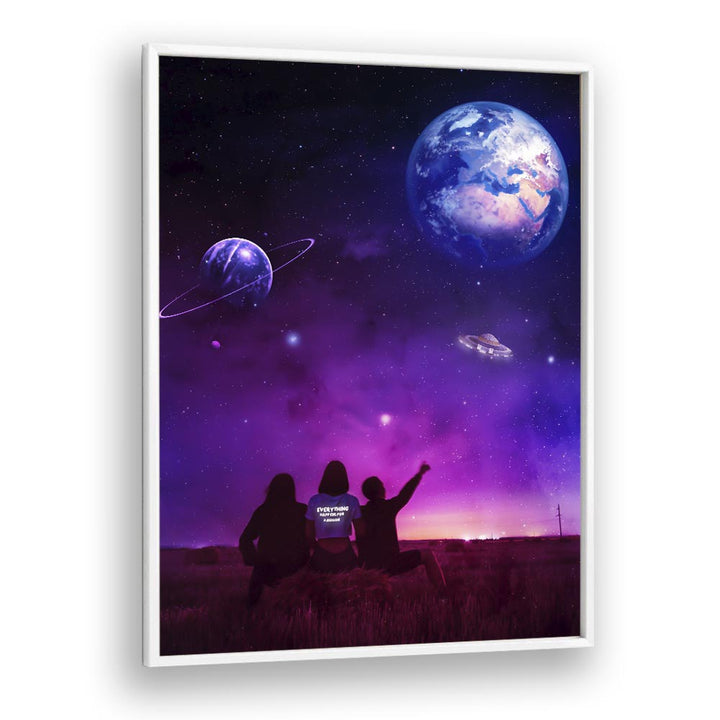 Explore the cosmic scene in "UFO, SURREAL ART PRINTS" by Ritvik Takkar, showcasing surrealism in vivid colors.