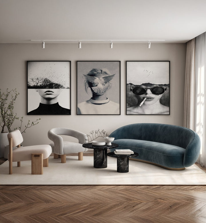 Enhance your decor with the UNDERDOTT ARTWORKS SET, SET OF 3 PAINTINGS, featuring modern surrealist designs.