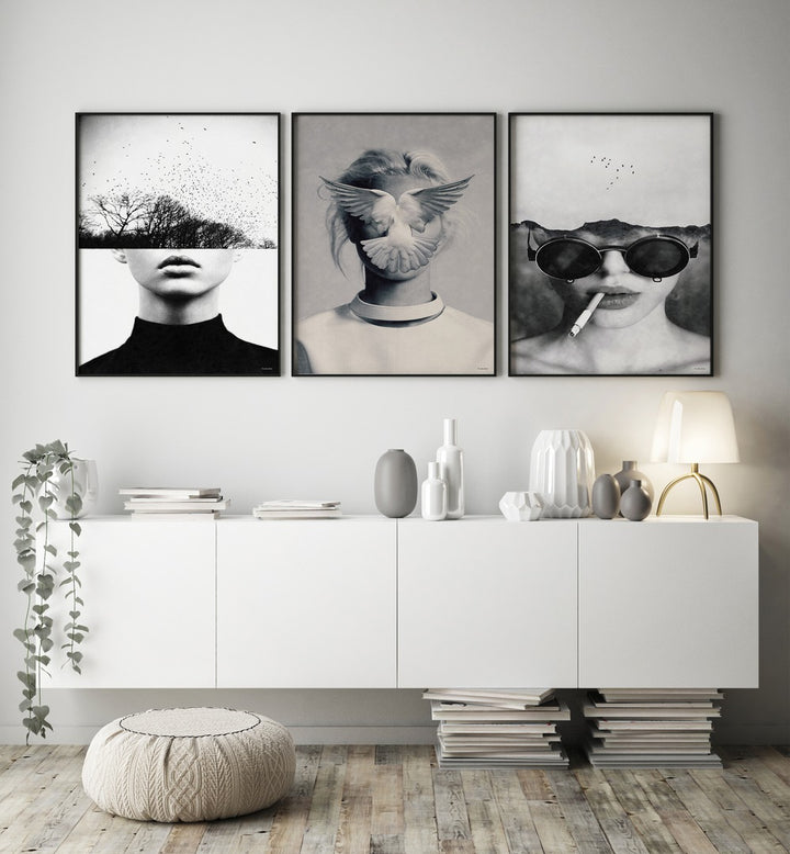 Transform your space with the UNDERDOTT ARTWORKS SET, SET OF 3 PAINTINGS, featuring modern surrealist designs.