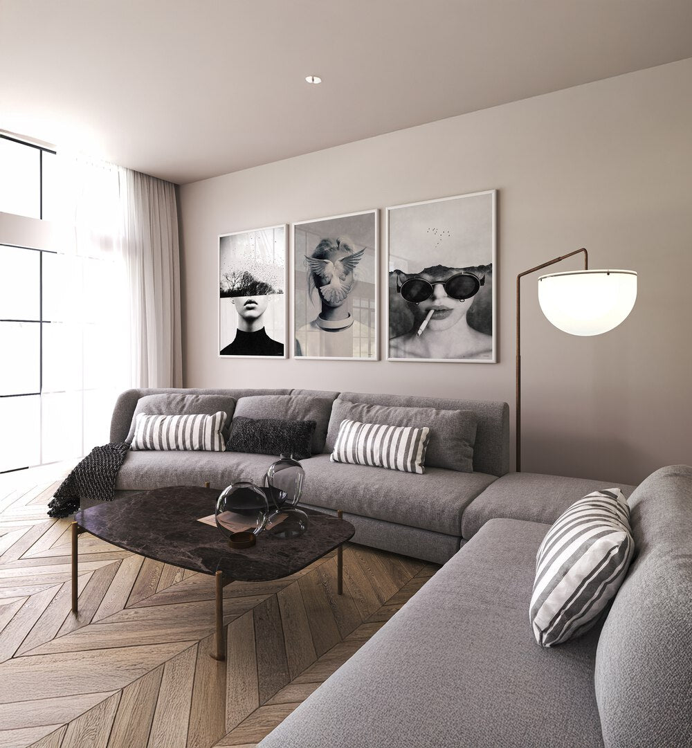 Enhance your decor with the UNDERDOTT ARTWORKS SET, SET OF 3 PAINTINGS, showcasing modern sophistication and surrealism.