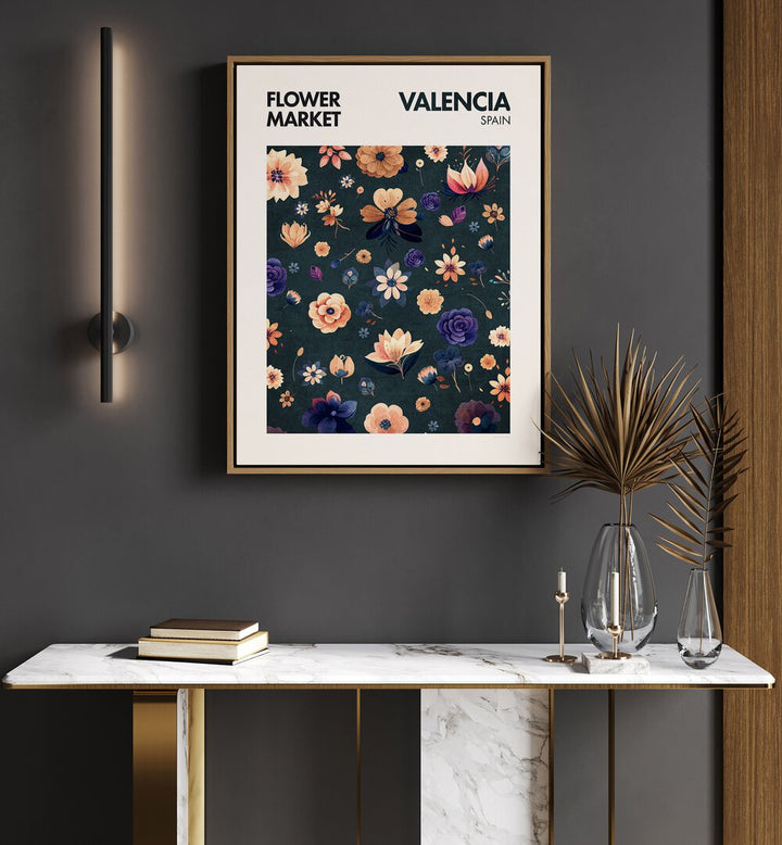 Colorful VALENCIA - FLOWERMARKET FLORAL FLOWER PAINTINGS beautify modern interiors, showcasing vibrant floral designs.
