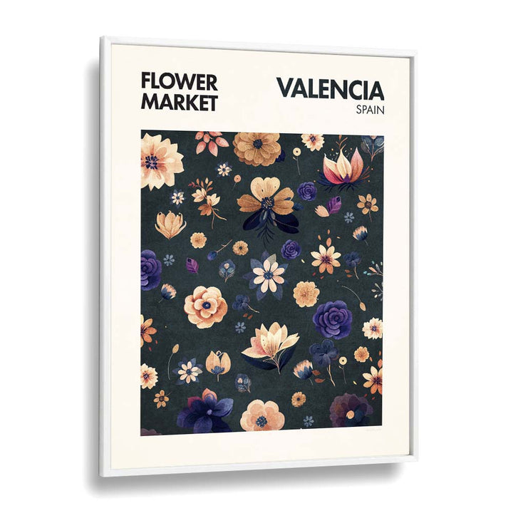Colorful floral design in a white frame, showcasing VALENCIA - FLOWERMARKET FLORAL FLOWER PAINTINGS by Emel Tunaboylu.