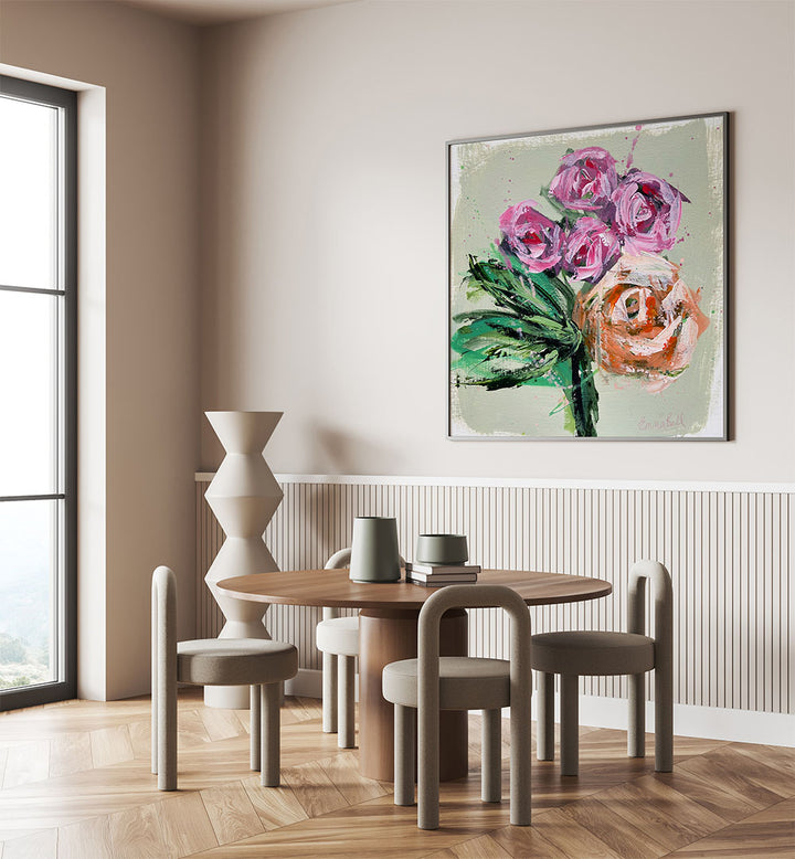 Vibrant Pink Roses, Floral Flower Paintings adorn a modern dining area, enhancing the home's decor beautifully.