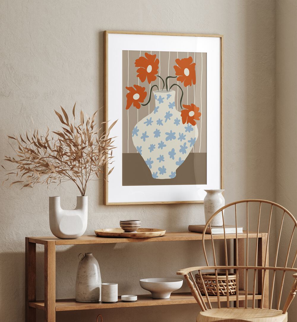 Vintage Floral Pottery, Botanical Art Paintings Artwork in Oak Wood Frame With Mount
placed on a Beige Colored Wall
placed above a Console Table